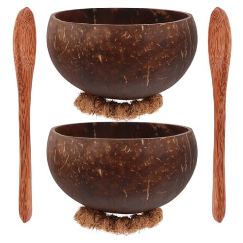 Healifty Acai Coconut Shell Bowls: 2Pcs Yogurt Soup Bowl Sets with Wooden Spoons and Pads, Food Smoothie Cups for Fruit Salad Rice Serving Home Use 5.11X5.11X2.95 Inch | Amazon (US)