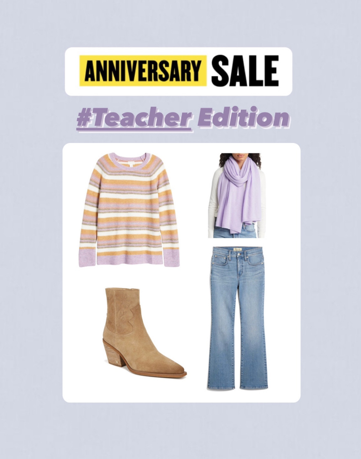 Nordstrom Anniversary Sale 💛

NSale | Nordys Sale | fall fashion | back to school fashion | teacher outfits | booties | petite jeans | lavender scarf | sweaters | striped sweater | #LTKstyletip #LTKU 

#LTKBacktoSchool #LTKxNSale #LTKsalealert