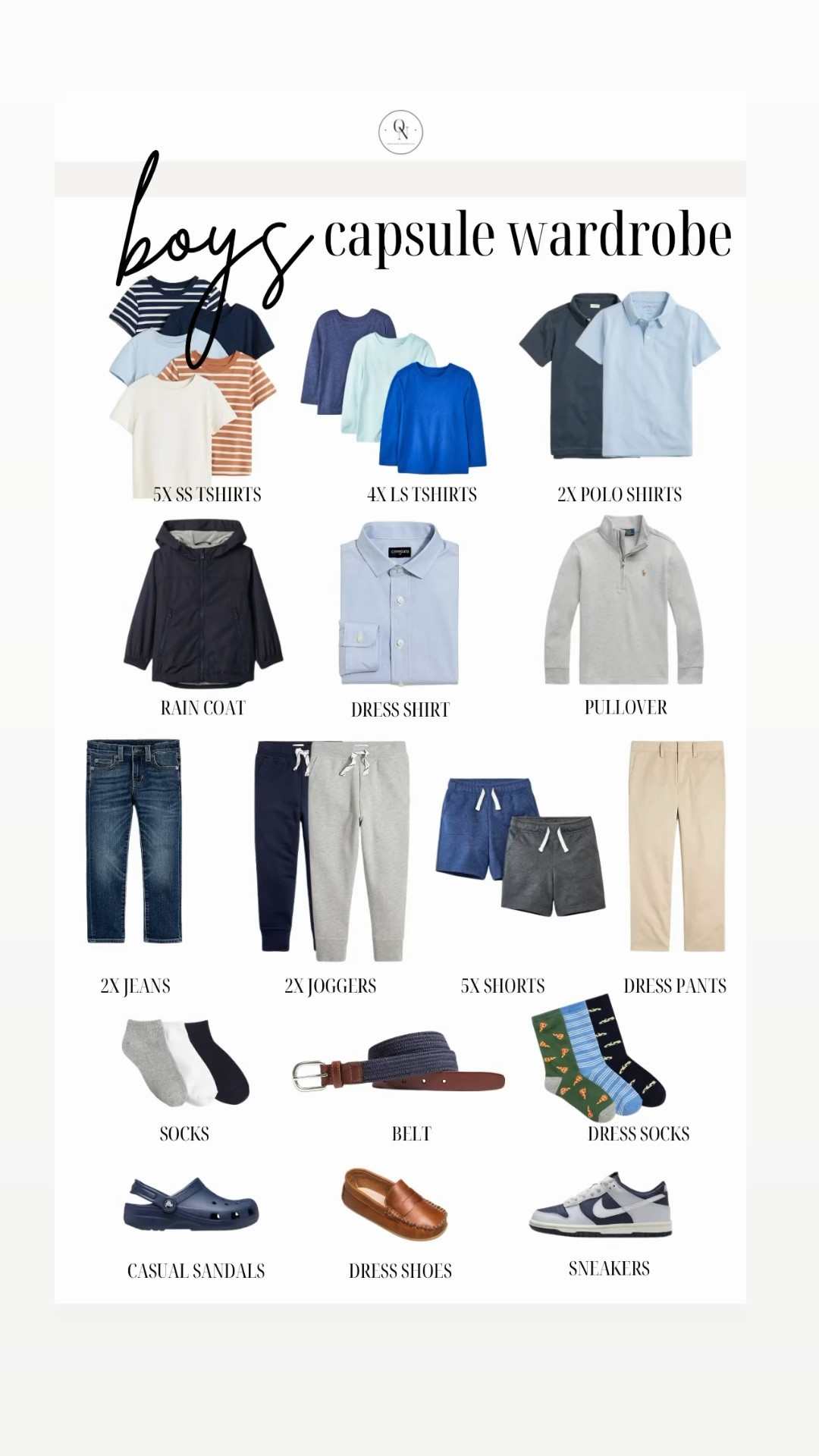 Boys capsule wardrobe for spring is here!

Here is a list of recommended items with the number I suggest for each! Remember this is a jumping off point and you should go through your kids clothes and see what they have first before heading to the store.

5x Short Sleeve Tshirts // I recommend a mix of graphic and plain Tshirts.

4x Long Sleeve Tshirts // I recommend a mix of plain and stripe

2x polo shirts // solid blues work well here

Jackets // Windbreaker or rain coat and a pullover 

2x Denim // I recommend one dark and one light. We love target jeans and HM for our boys. 

2x Joggers in grey and navy

5x shorts // I recommend navy, khaki and grey as a base and then fill in with color and pattern for the remaining 3.

1x Dress pants // I love Jcrew for my joys.

Shoes // casual sandals that can get wet like keens, crocs or natives Dress shoes (we love loafers!) and sneakers.

Accessories: An easy to adjust belt, socks for sneakers and socks for dress shoes. 

Spring outfits, kids outfits, outfits for boys, boys capsule wardrobe, kids capsule wardrobe, spring capsule wardrobe, boys outfits

#LTKSpringSale #LTKSeasonal