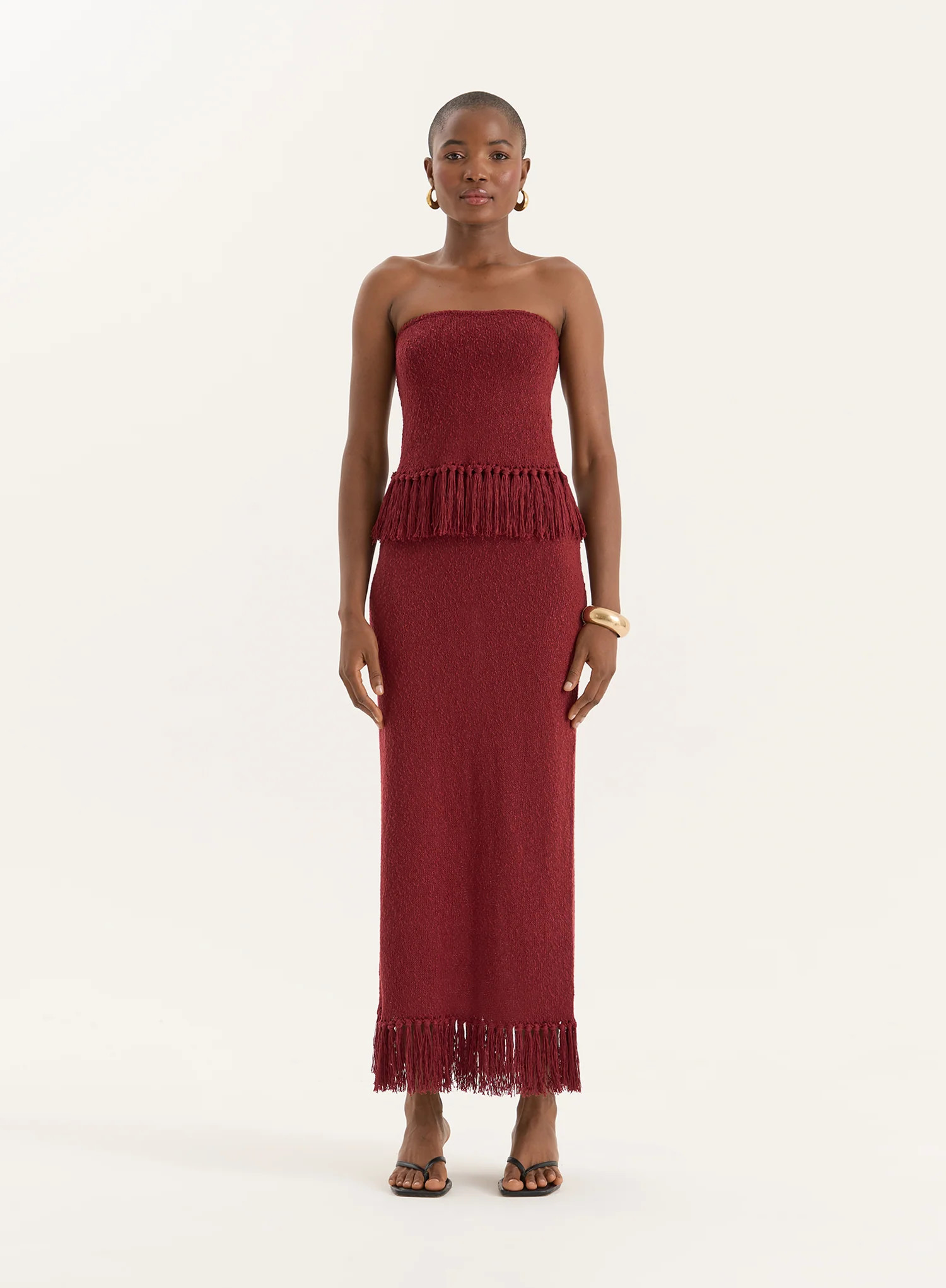 Burgundy Tassel Trim Knitted Maxi Skirt- Gabby | 4th & Reckless