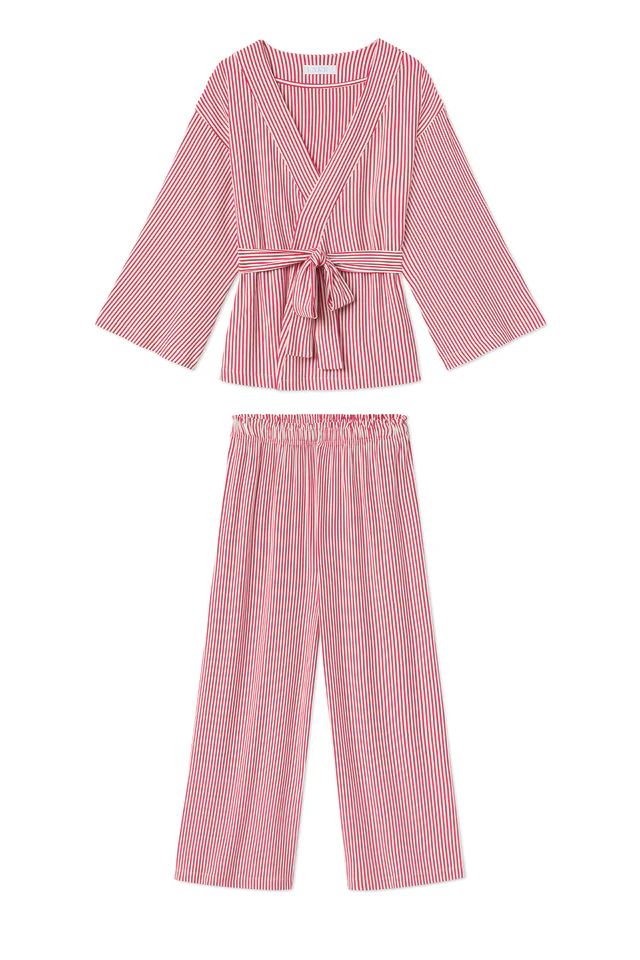 DreamKnit Kimono Pajama Set in Red Stripe | LAKE Pajamas