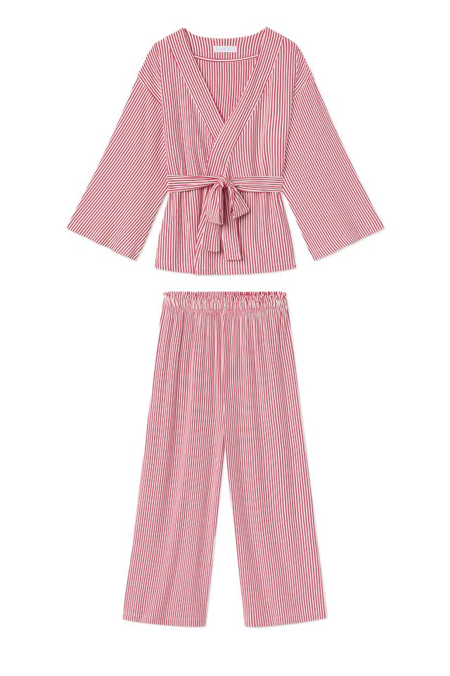 DreamKnit Kimono Pajama Set in Red Stripe | LAKE Pajamas