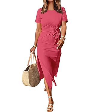 ANRABESS Women’s 2024 Summer Short Sleeve Crewneck T Shirt Maxi Dress Tie Waist Casual Slim Fit... | Amazon (US)