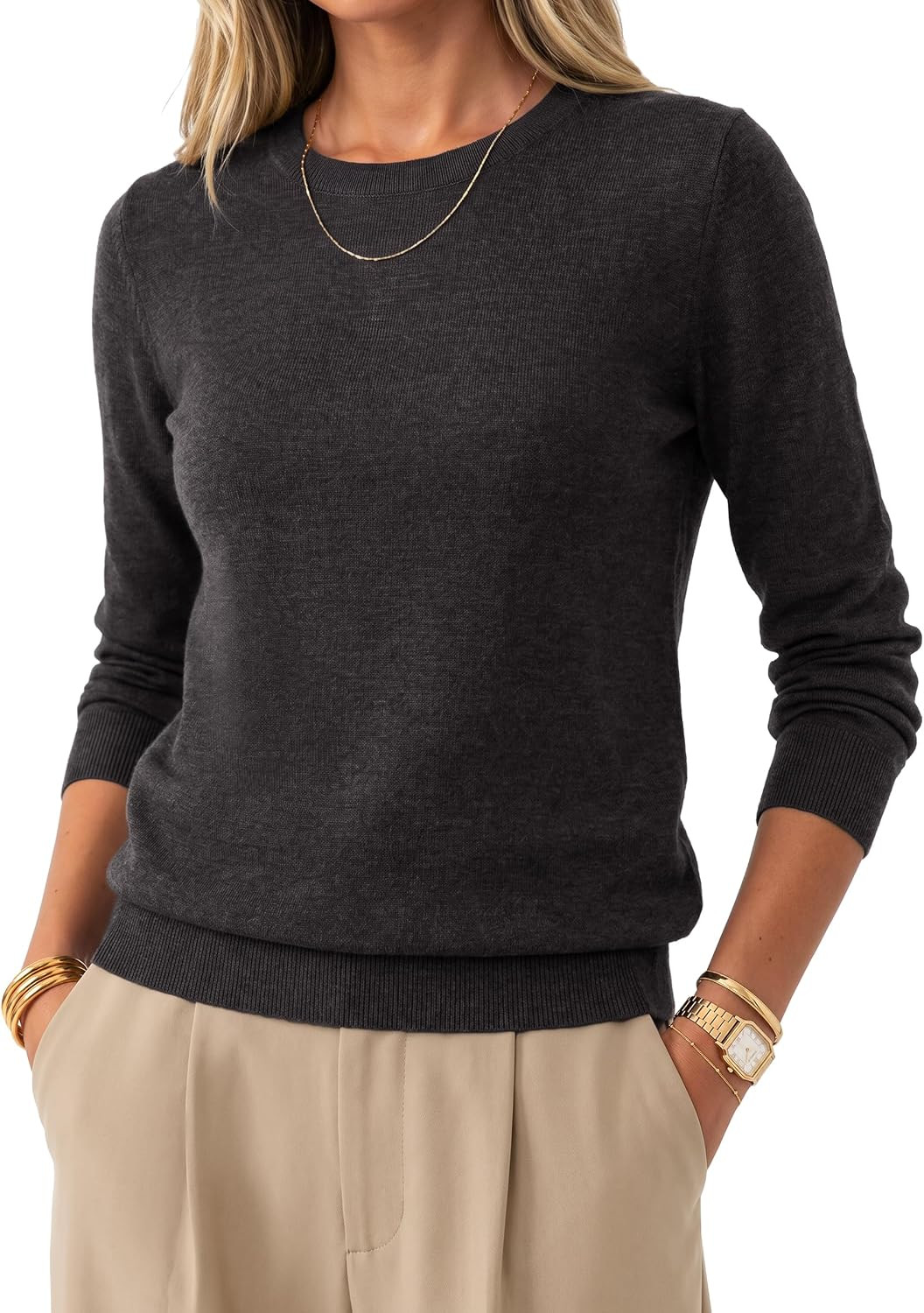 Arach&Cloz Women's 100% Merino Wool Long Sleeve Crew Neck Fall Work Sweater | Amazon (US)
