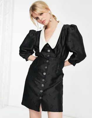 Sister Jane mini button up dress with contrast collar in black bow jacquard | ASOS (Global)
