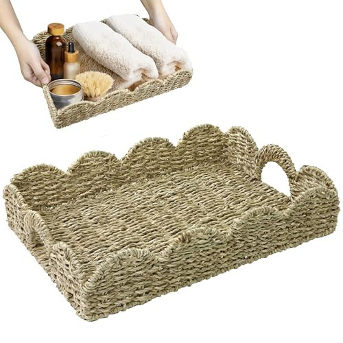 HOMESTEAD 100% Handmade Scalloped Rectangle Seagrass Wicker Tray with Cut-Out Handle, Serving Tray for Coffee, Decoration, Handle, Picnic, Beach, Fruits, Table Decor, Home Decor, Kitchen Island Decor | Amazon (US)