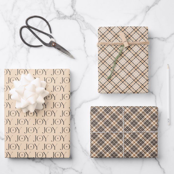 Joy Tan Tartan Plaid Pattern Christmas Wrapping Paper Sheets | Zazzle | Zazzle