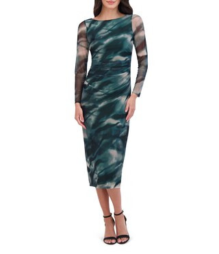 Mesh Abstract Swirl Print Boat Neck Long Sleeve Bodycon Midi Dress | Dillard's