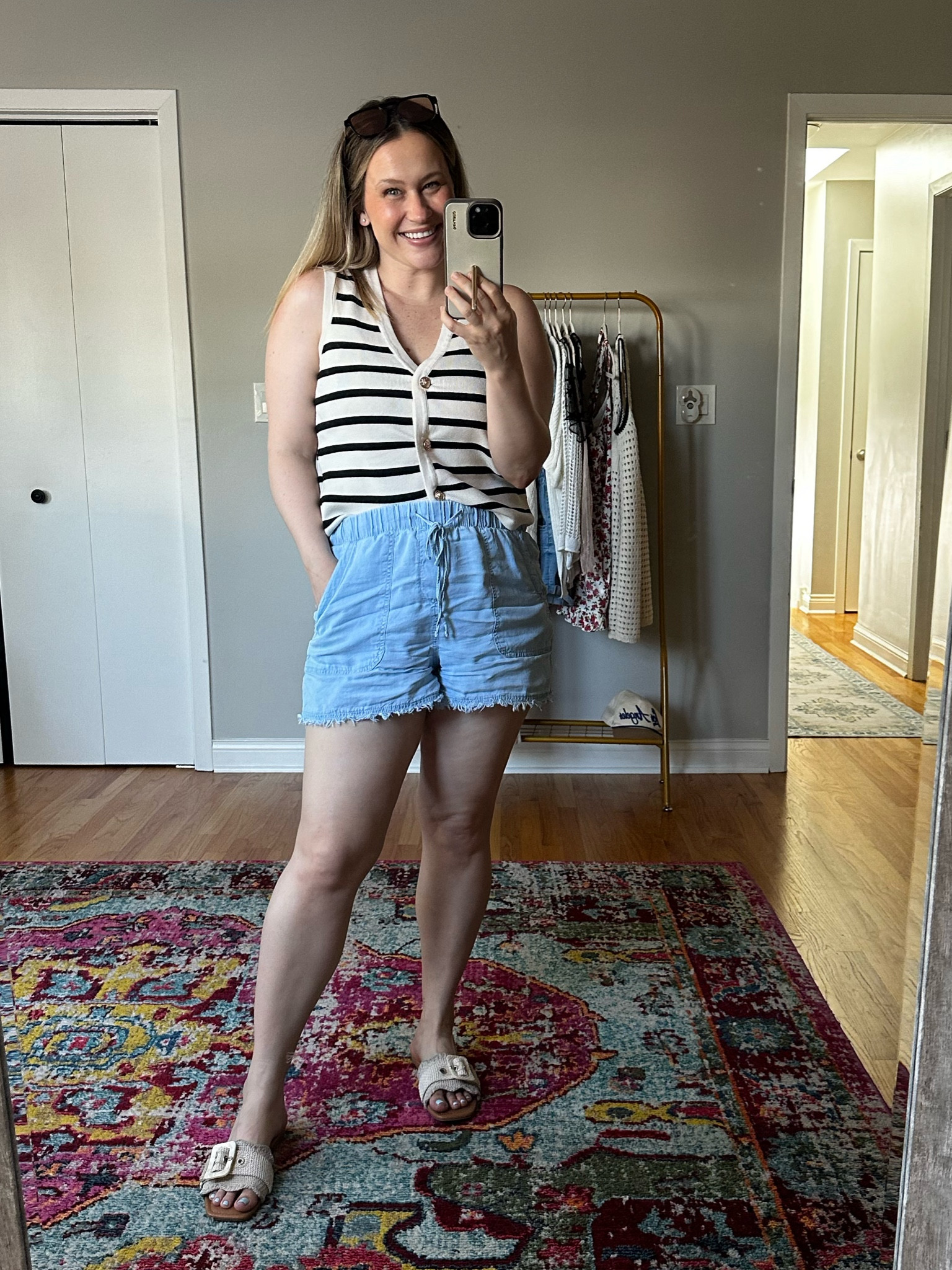 Todays outfit / top and sunglasses are both amazon finds, denim shorts are so comfy and only $12, linked my sandals #summeroutfit #postpartum 

#LTKShoeCrush #LTKSaleAlert #LTKFindsUnder50