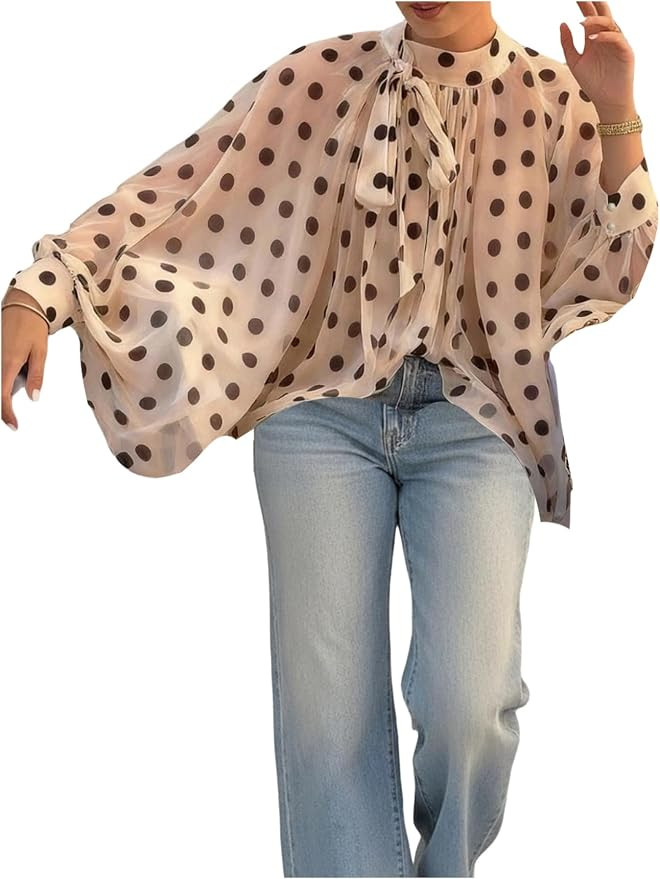 Floerns Women's Polka Dots Bishop Sleeve Shirts Tie Neck Mesh Dressy Casual Blouse Tops | Amazon (US)