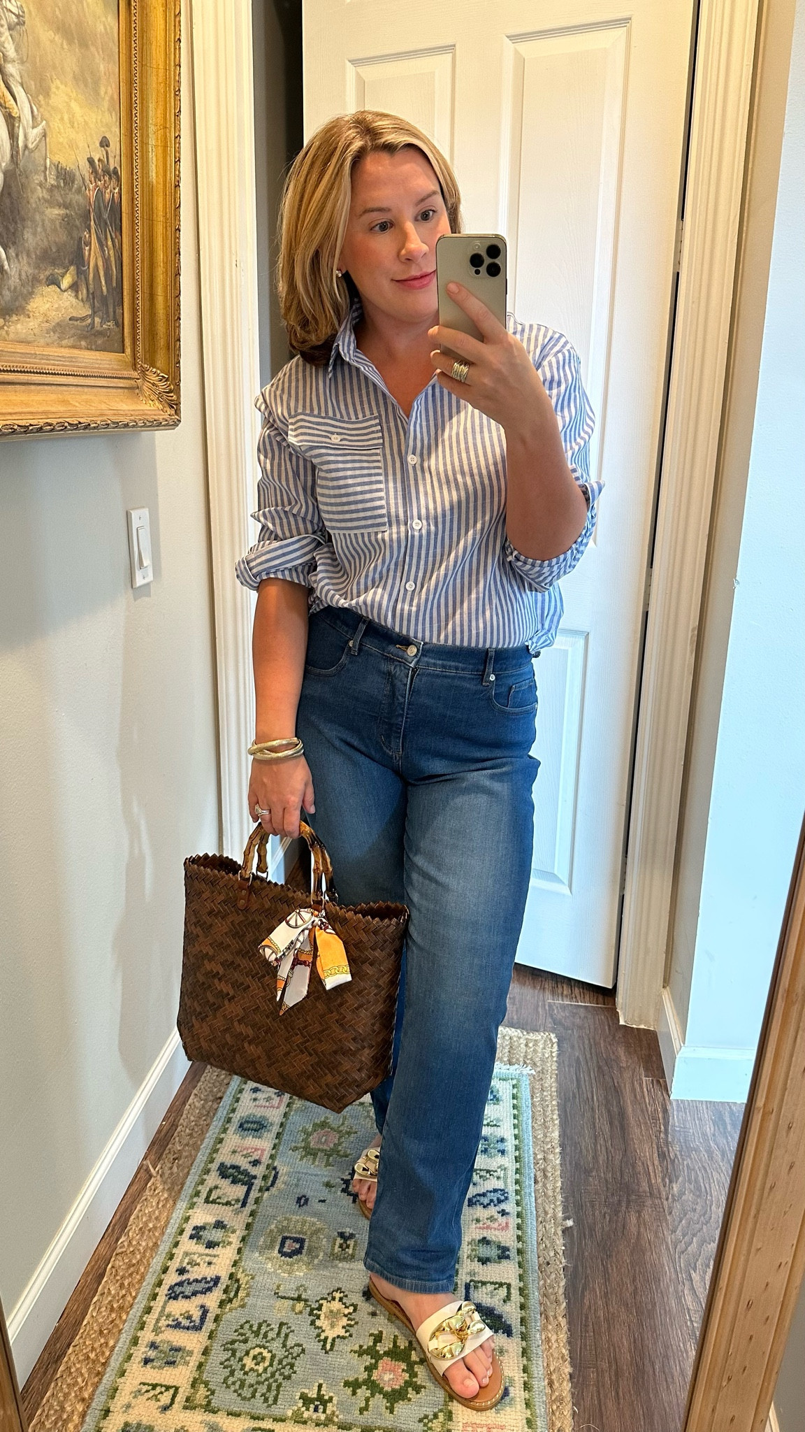 Blue and white classic striped shirt. Runs TTS. Starched. Softens with wash. 
Jeans are a size 12. TTS  

#LTKmidsize #LTKunder50 #LTKunder100