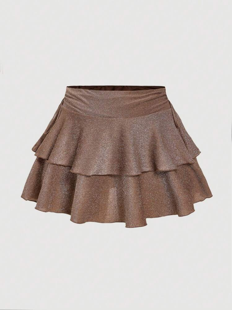 SHEIN MOD Plus Size Women Brown Glitter Ruffle Hem Low Waist Mini Skirt | SHEIN