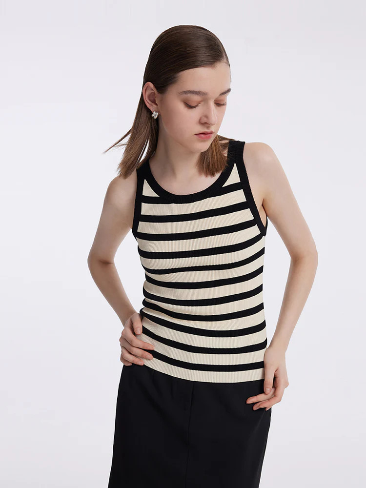 Striped Knitted Women Tank Top - Light Beige and Black Stripe / XXS | GOELIA