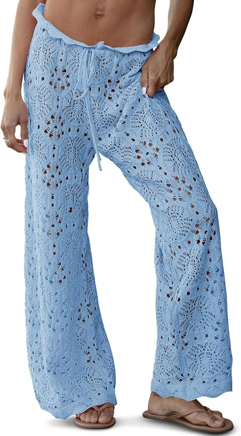 Saodimallsu Womens Crochet Swimsuit Coverup Pants High Waisted Drawstring Sexy Sheer Mesh Knit Wi... | Amazon (US)