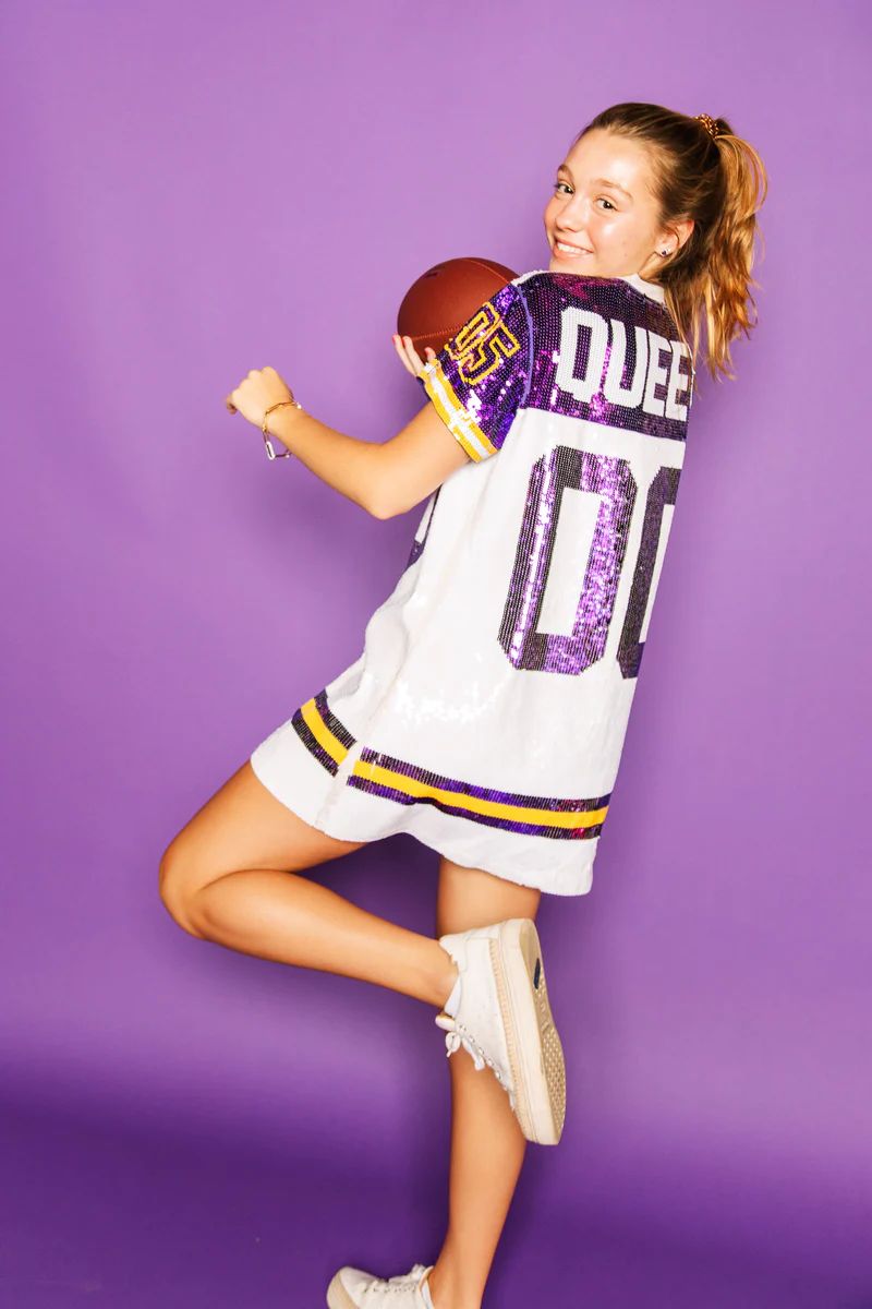 White, Purple & Gold Queen Of Gameday Romper in 2023