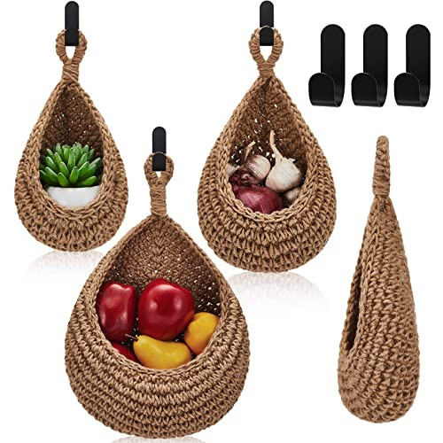 Honeydak Boho Decor Hanging Wall Baskets for Kitchen 3 Pack Teardrop Baskets with Hooks Storage Fruit Onion Vegetable Potato for Home 3 Sizes(Linen,Teardrop,Jute) | Amazon (US)