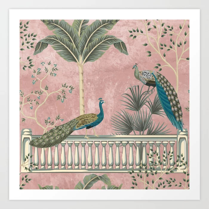 Chinoiserie Blush Pink Peacock Palm Fresco Garden  Art Print | Society6