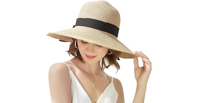 Packable UPF Straw Sunhat Women Summer Beach Wide Brim Fedora Travel Hat 54-59CM | Amazon (US)