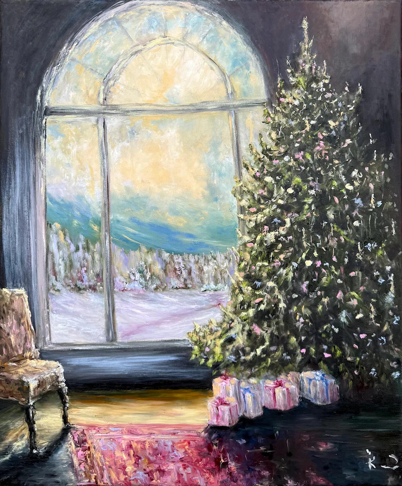 Christmas Tree Oil Painting – Winter Window, Cozy Holiday Home Decor | Etsy (US)