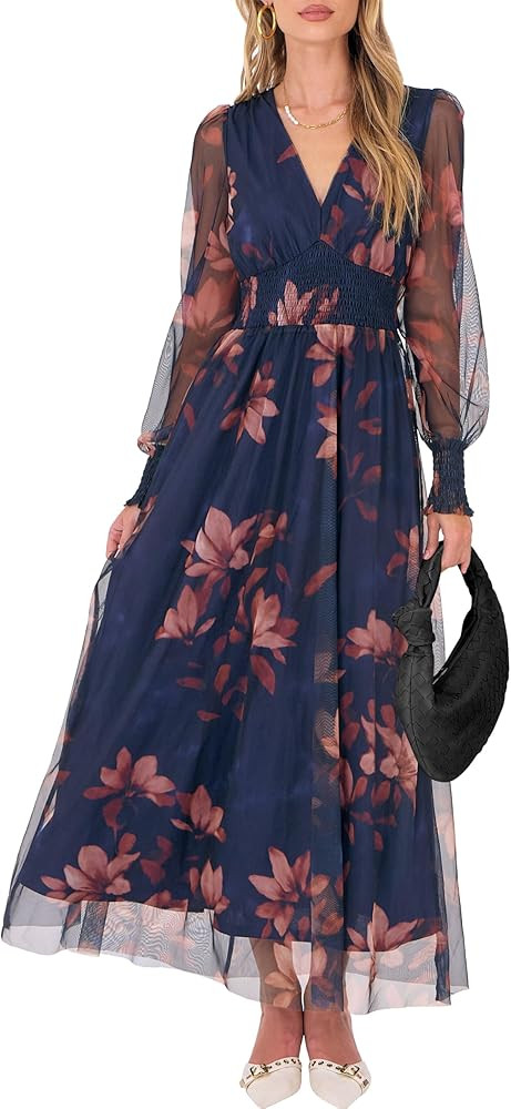 ANRABESS Women's Floral Maxi Dress 2025 Fall V Neck Puff Long Sleeve Flowy Casual Wedding Guest T... | Amazon (US)