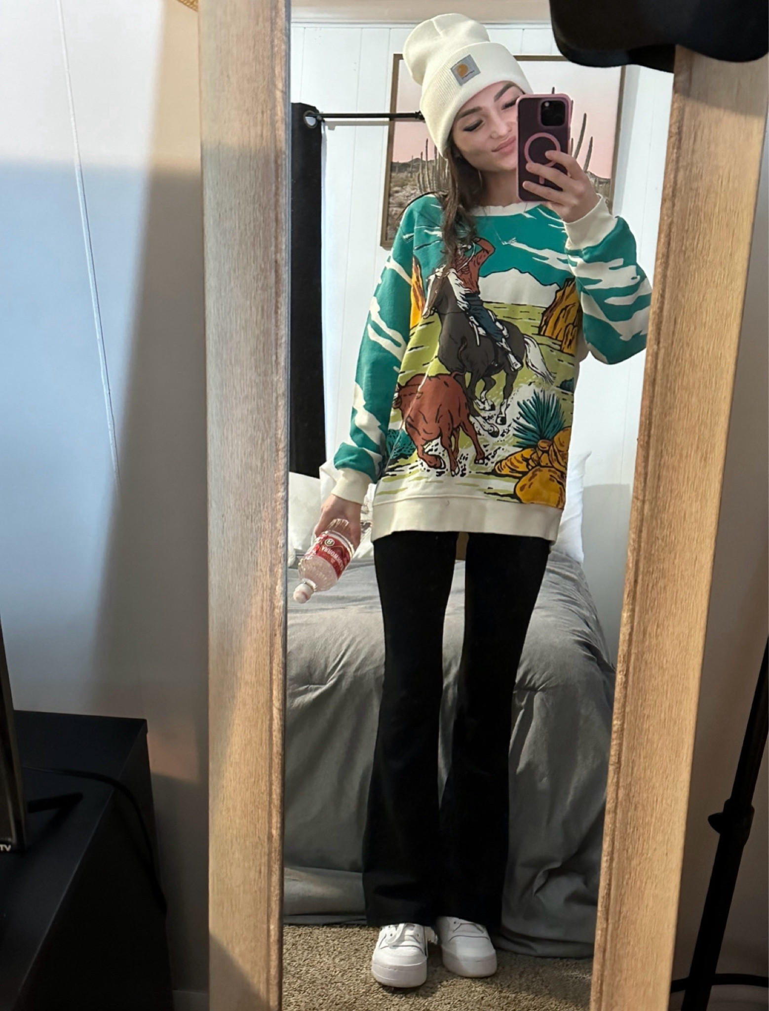 Carhartt, carhartt beanie, western wear, western crewneck, horse shirt, flare leggings, platform sneakers 

#LTKfindsunder100 #LTKSeasonal #LTKstyletip