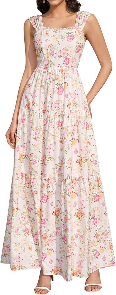KUTUMAI Floral Maxi Long Dress Lace Up Square Neck Flowy Summer Wedding Guest Dresses for Women 2... | Amazon (US)