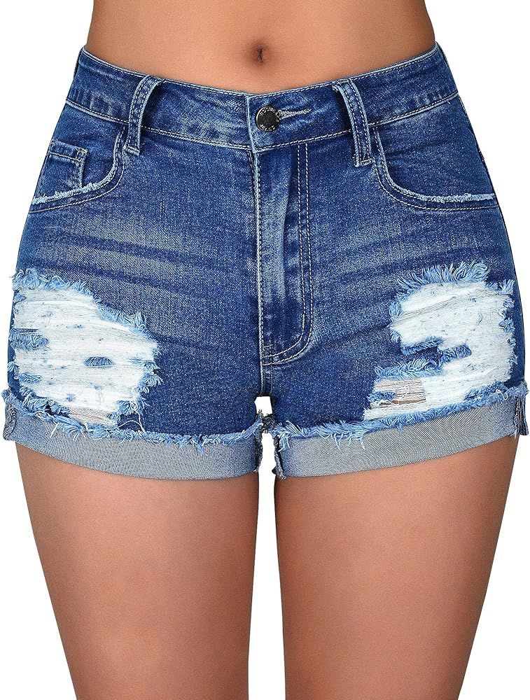 roswear Women’s Summer Mid Rise Ripped Denim Shorts Stretchy Jean Shorts | Amazon (US)