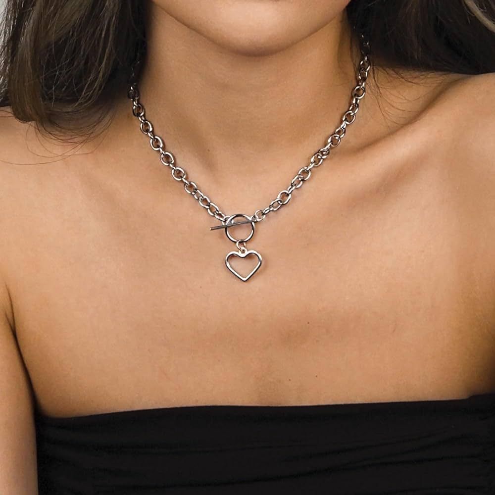 Heart Pendant Choker Necklace Silver Stainless Steel Toggle Necklaces Cable Chain for Women Girls | Amazon (US)