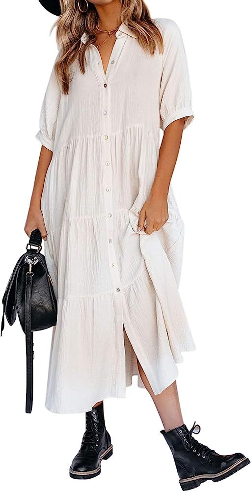 R.Vivimos Women's Summer Cotton Half Sleeves Button Down Casual Loose Slit Midi Dress with Pocket... | Amazon (US)
