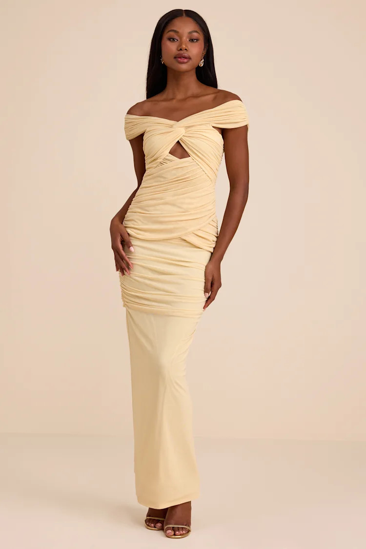 Jakaya Pale Yellow Mesh Off-the-Shoulder Maxi Dress | Lulus