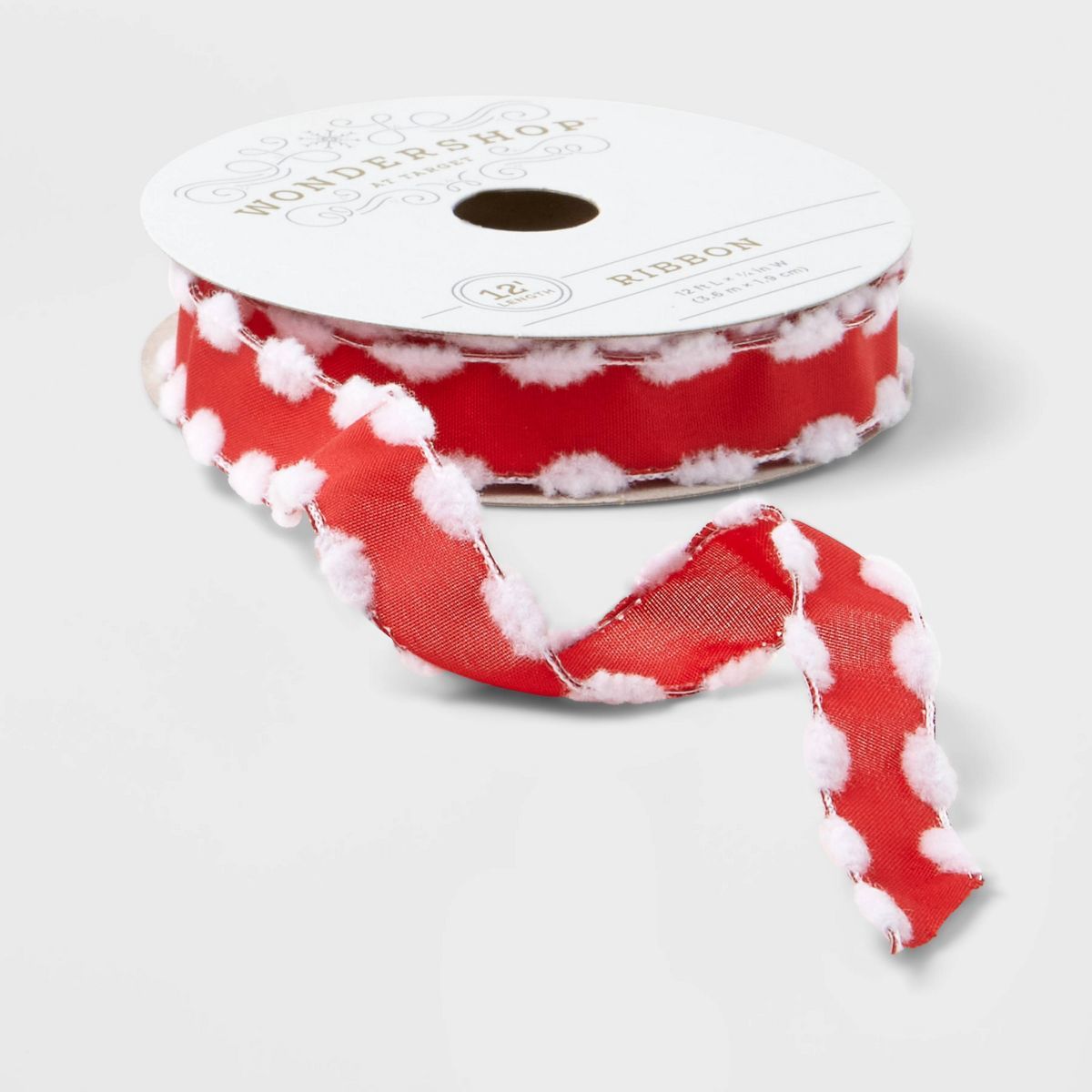 3/4" Satin Fabric Ribbon with Pom Edge Red/White 12ft - Wondershop™ | Target