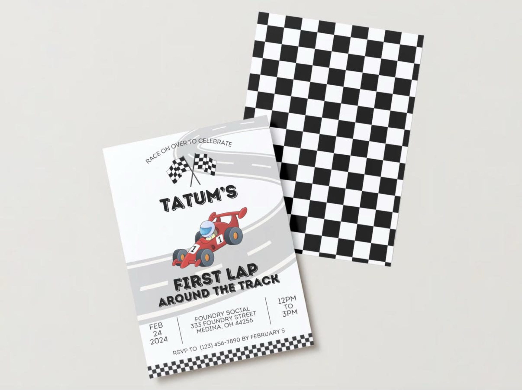 First lap around the track birthday invitation 🏎️ 🏁

This is for a 5x7 printable and digital invite that is 100% editable with a free account in Canva.

FEEL FREE TO:
⭐ Tailor the invitation to your liking
⭐ Swap out the color or font scheme
⭐ Add/Delete items wording and lines
⭐ Upload and add your own photos
⭐ And more!

PLEASE NOTE:
⭐ This product is 100% editable
⭐ Can be edited using a FREE Canva account 
⭐ Highly recommended to edit your item on a computer versus on a mobile device, although you are able to edit on mobile

HOW & WHAT'S NEXT:
⭐ Complete your purchase
⭐ Check your Etsy registered email for the link to your editable invitation 
⭐ PDF File with a link to access your invite via Canva
⭐ PDF File of basic Canva editing guide

HOW TO PRINT:
⭐ Edit, save, and download your invite in Canva. I highly suggest PDF print for the best print results
⭐ Print at Canva, vendor of your choice, or in the comfort of your home
⭐ PRINT as 5x7 for best print quality/reaults
⭐ I recommend printing on heavyweight 80 lb cover stock (216gsm) for the best results

🚨 THIS IS A DIGITAL FILE. YOU WILL NOT RECEIVE ANY PRODUCT IN THE MAIL.

‼️ All designs and templates created by DesignsbyNCcreative are for personal use only. Please do not use any of our designs commercially, distribute or resell under any circumstances.

#LTKSaleAlert #LTKParties #LTKKids #LTKFamily