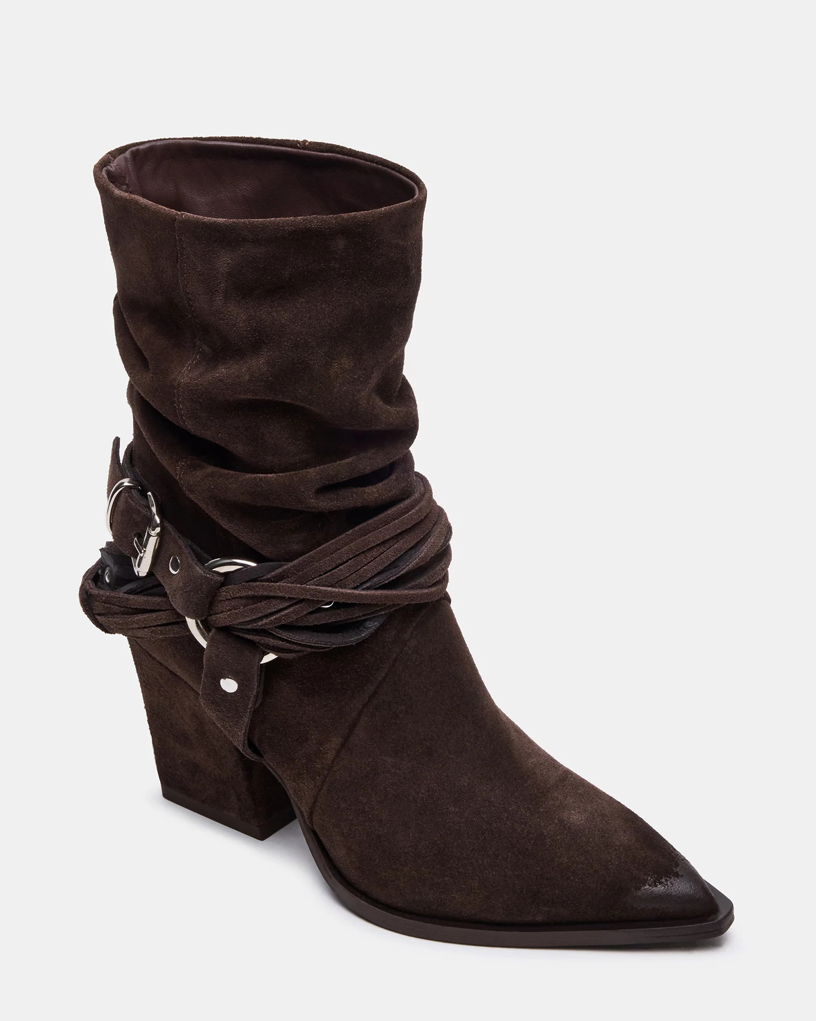 LAUPER Dark Taupe Suede Pointed-Toe Heeled Buckle Women's Ankle Boot | Steve Madden (US)
