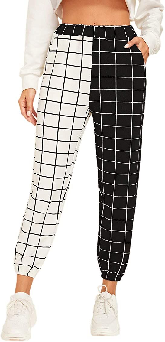 WDIRARA Women's Two Tone Plaid Print Elastic Waist Fashion Straight Leg Pants Black and White Col... | Amazon (US)