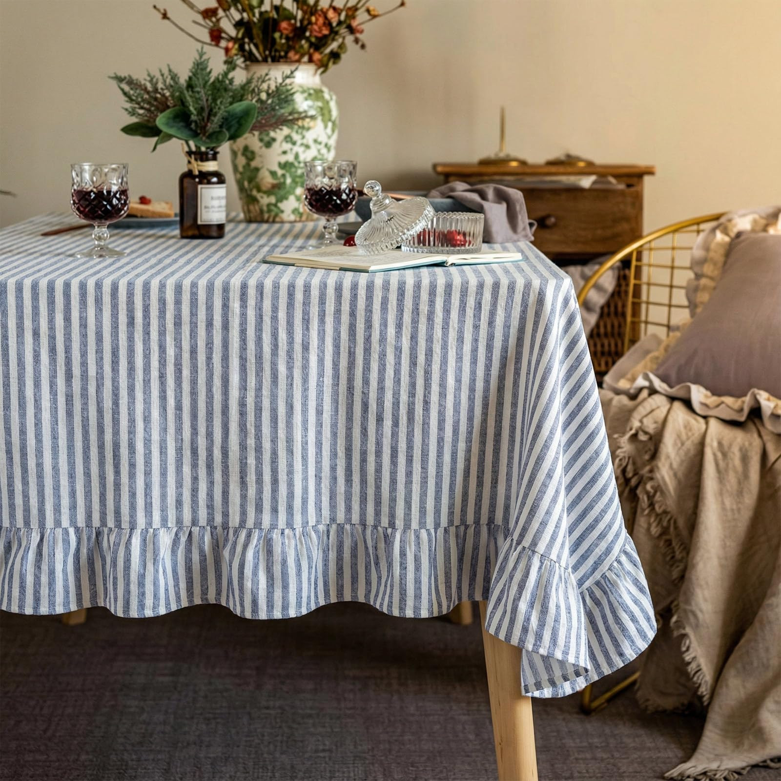 Boao Cotton 52 x 70 Inch Farmhouse Ruffle Tablecloth Blue White Striped Flounces Trim Table Cover... | Amazon (US)