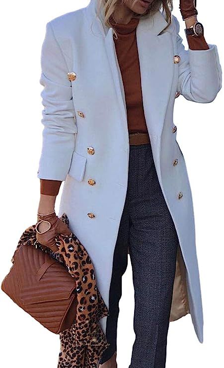 BZB Women's Elegant Notched Collar Double Button Slim Long Wool Blend Pea Coat Jacket | Amazon (US)