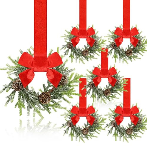 Dingion 6 Pcs 6 Inch Christmas Mini Cabinet Wreaths for Kitchen with Ribbon Bows Norfolk Pine Small Window Wreaths Garland for Door Window Farmhouse Christmas Party Decorations | Amazon (US)