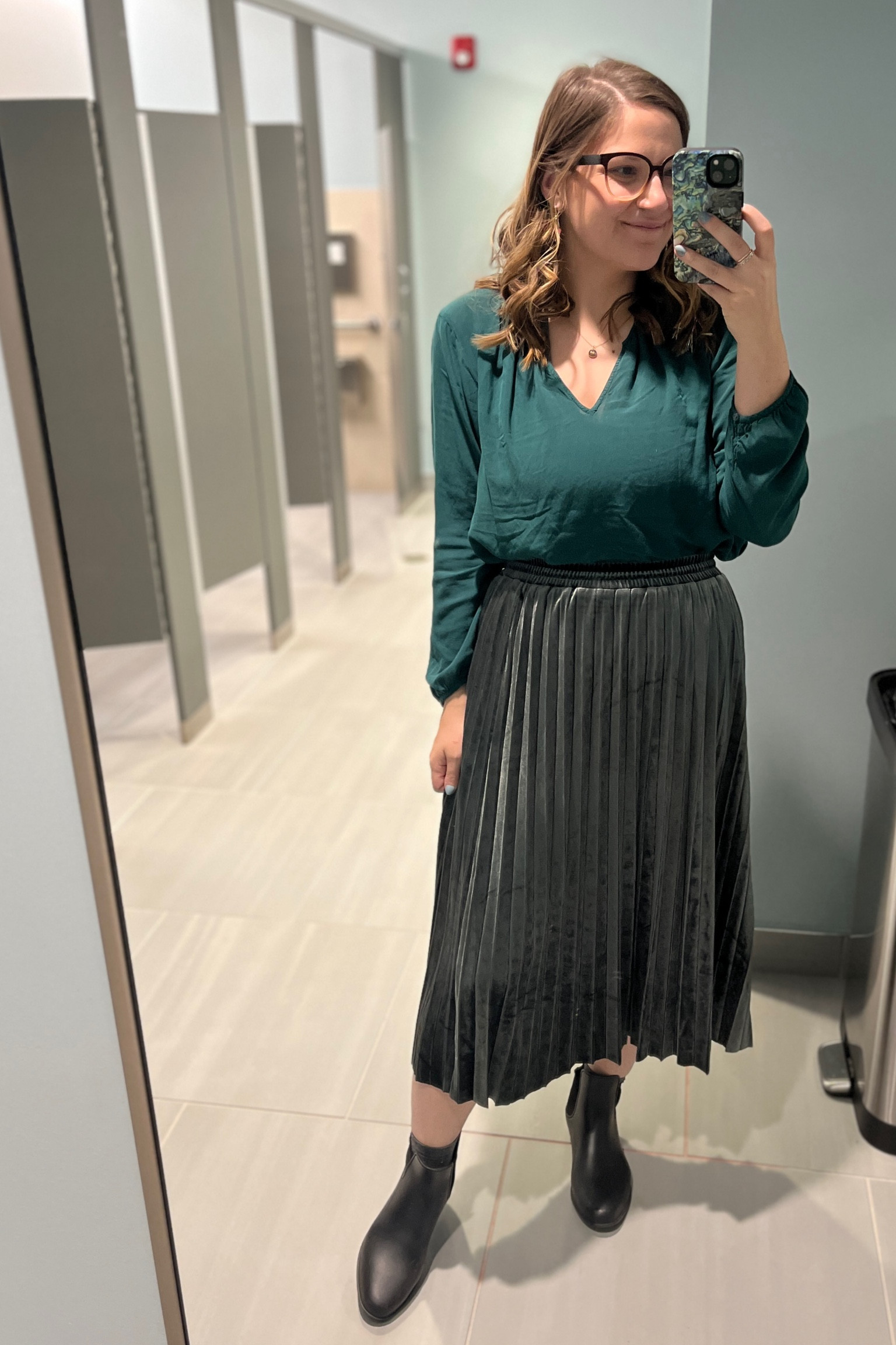 Midsize winter outfit inspiration | green blouse, L - old navy | velvet grey/Olive midi skirt - local shop similar linked |  Chelsea rain boots, 11 - Target 

#LTKmidsize #LTKworkwear