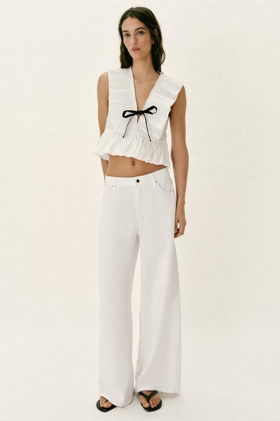 Zara - Pleated Ruffle Bow Top - White - S - Woman | Zara US