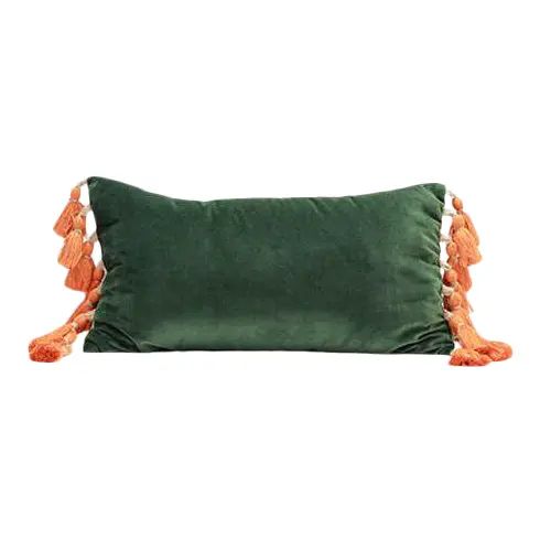 Forest Green Velvet Lumbar Pillow With Orange Tassel Fringe | Chairish