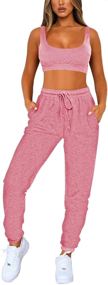 Fixmatti Women Sweatsuits Bra and Sweatpants Set 2 Pieces Jogger Tracksuit | Amazon (US)