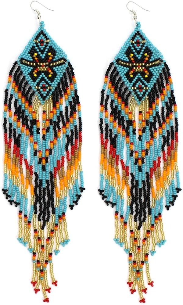 Handmade Southwestern Geometric Pattern Glass Seed Beaded Big Earrings | Amazon (US)