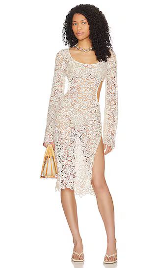 Fortuna Midi Dress in Santorini Sand White Lace Dress Long Sleeve White Dress With Sleeves  | Revolve Clothing (Global)