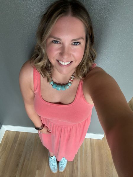 I finally pulled the trigger on a pair of adidas and I absolutely love this light blue color. They are really fun and perfect for spring. This necklace is one of my favorites and pulled together both my shoes and dress for a easy casual look. 

#LTKStyleTip #LTKFindsUnder100 #LTKShoeCrush