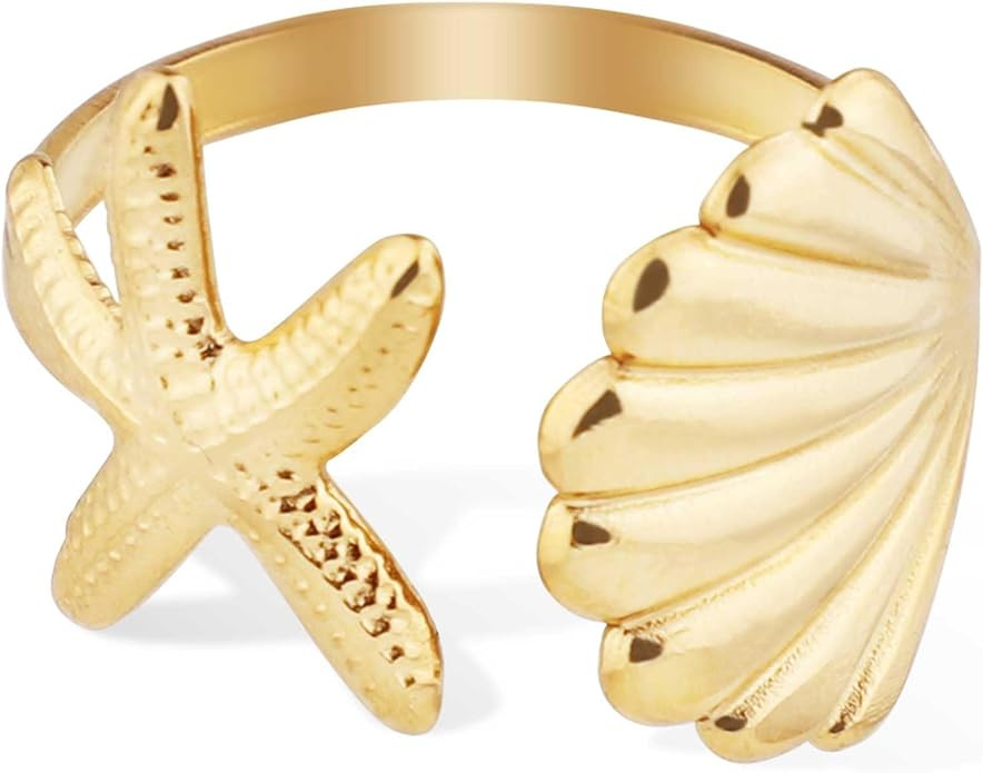 Starfish Seashell Ring, Gold Starfish Ring Stainless Steel Shell Ring Adjustable Artistic Starfis... | Amazon (US)