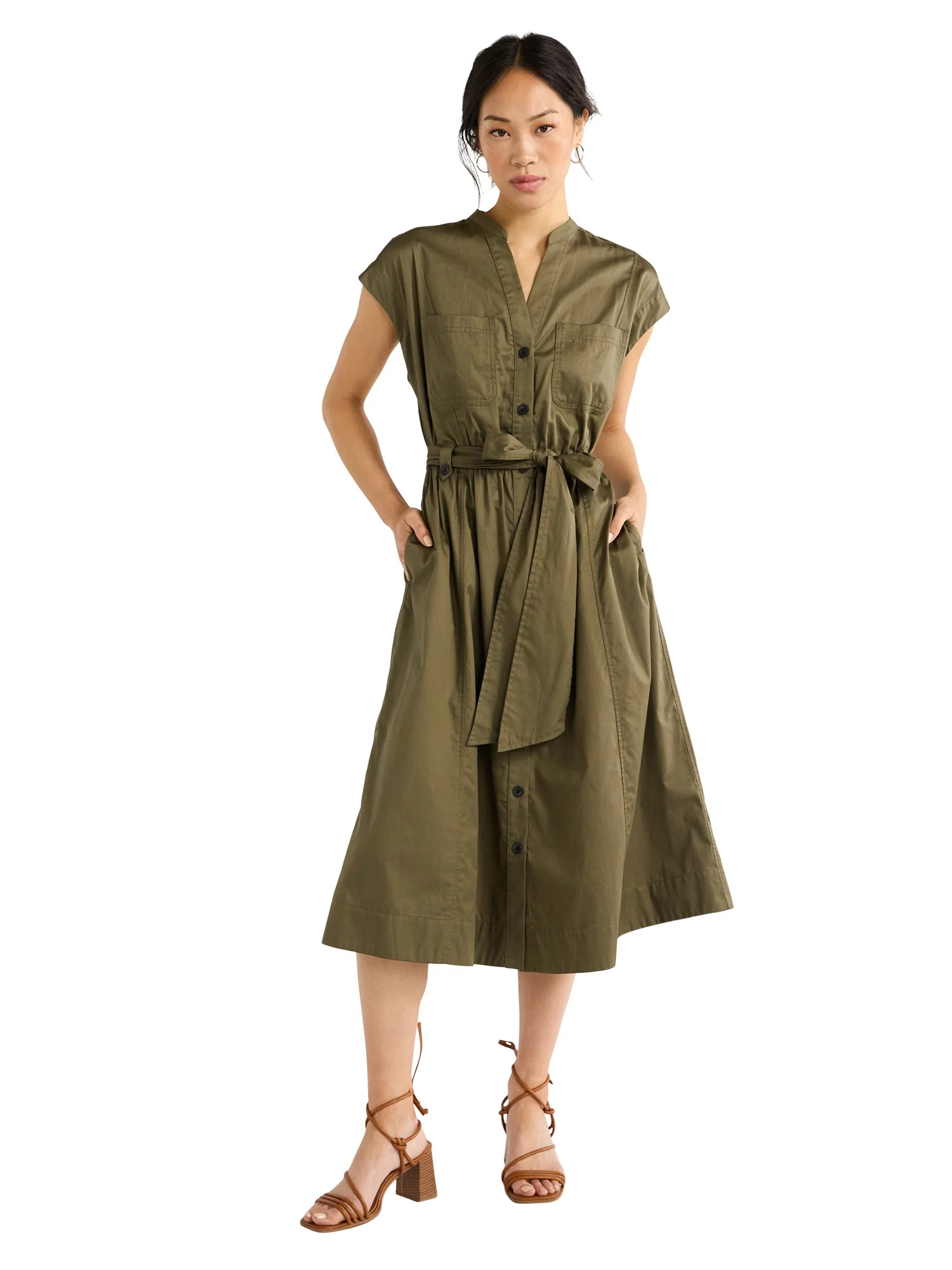 Free Assembly Women’s Belted Cotton Utility Midi Dress, Sizes XS-XXL - Walmart.com | Walmart (US)