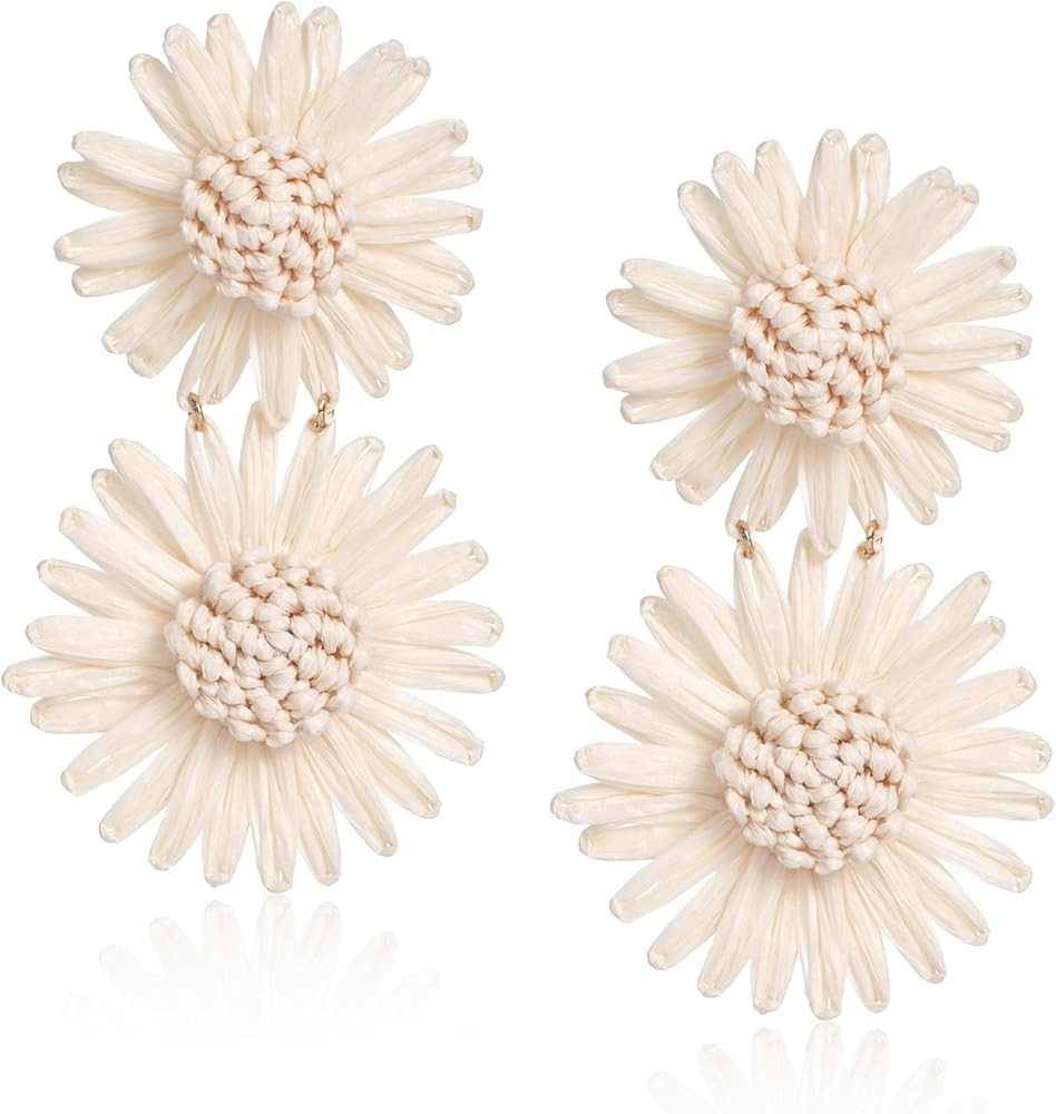 Raffia Flower Drop Earrings Daisy - Boho Statement Floral Dangle Earrings for Spring Summer Beach... | Amazon (US)