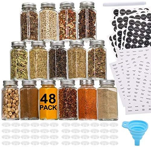 Aozita 48 Pcs Glass Spice Jars/Bottles - 4oz Empty Square Spice Containers with 810 Spice Labels ... | Amazon (US)