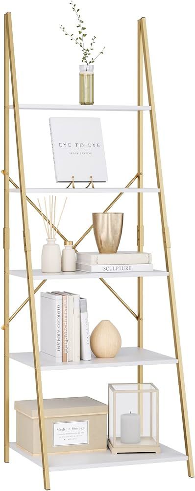 finetones 5 Tier Ladder Shelf, Free Standing Gold Book Shelf Display Bookcase, Storage Organizer ... | Amazon (US)