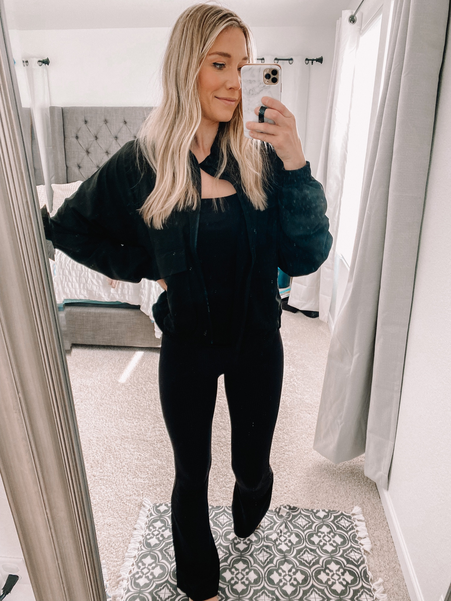 Affordable workout gear! Black cropped spring jacket under $20, workout jacket, athletic gear, flare leggings, ribbed leggings, target outfit, old navy outfit, workout wear under $50, lululemon dupe. 

#LTKfit #LTKtravel #LTKunder50